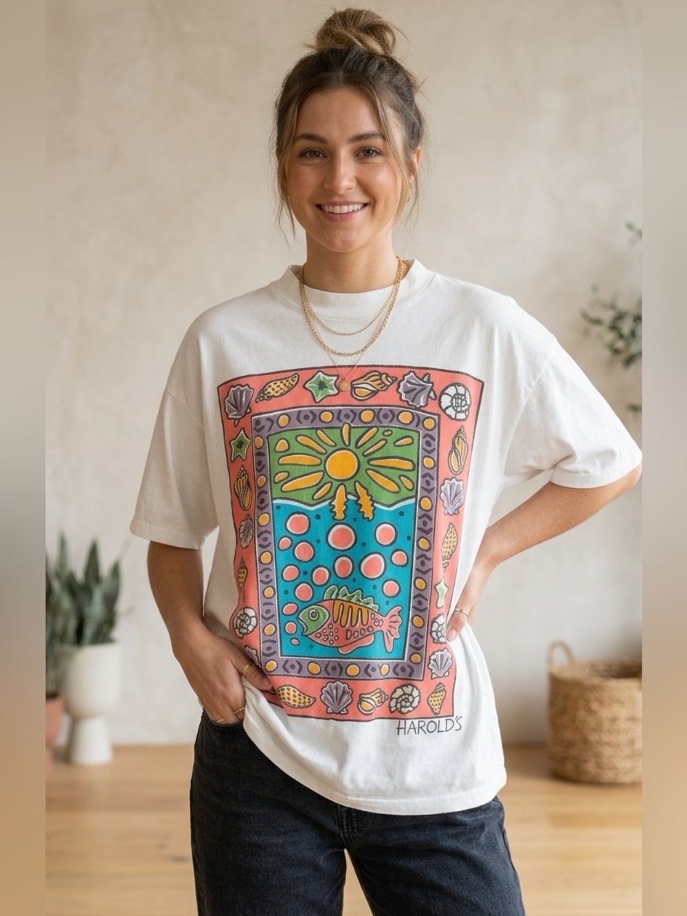 Vintage Harold’s White Graphic Tee - Coral, Teal,Yellow & Purple tropical art XL